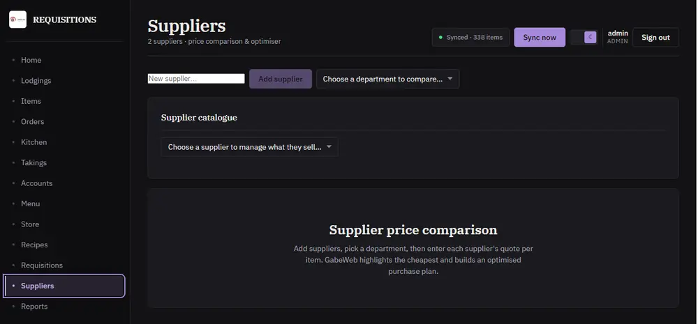Back-Office suppliers page with price comparison and optimiser