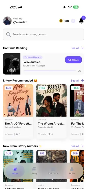Littory home screen in light mode with continue reading and recommended books
