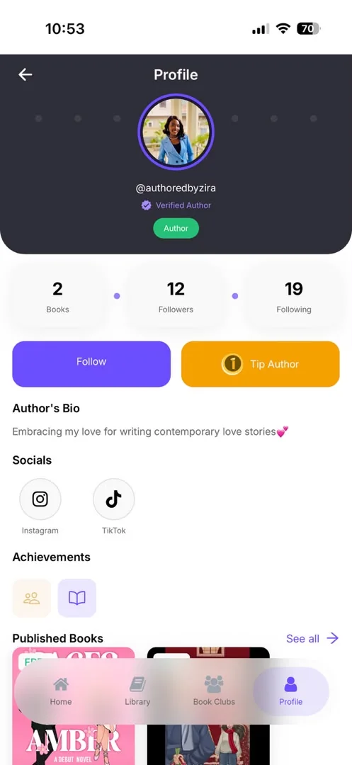 A verified author's public profile with books, followers, bio, socials, Follow and Tip Author