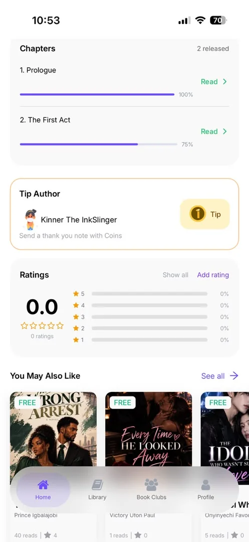 Littory book page with chapter progress, Tip Author and ratings