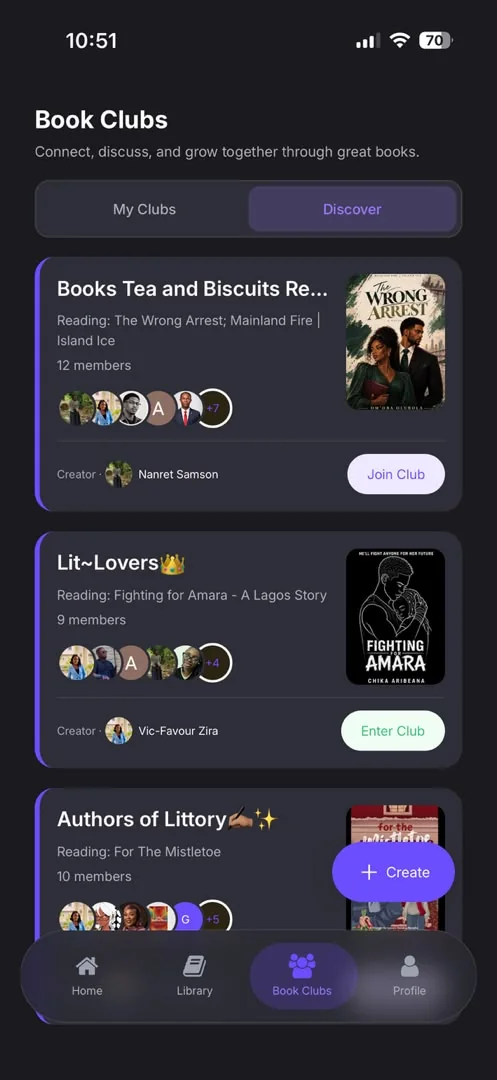 Littory book clubs to discover, each with the book being read, members and a Join Club button