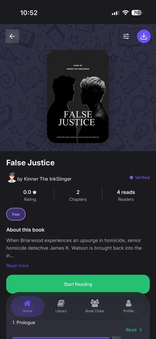 Littory book page for False Justice with rating, chapters, reads and a Start Reading button