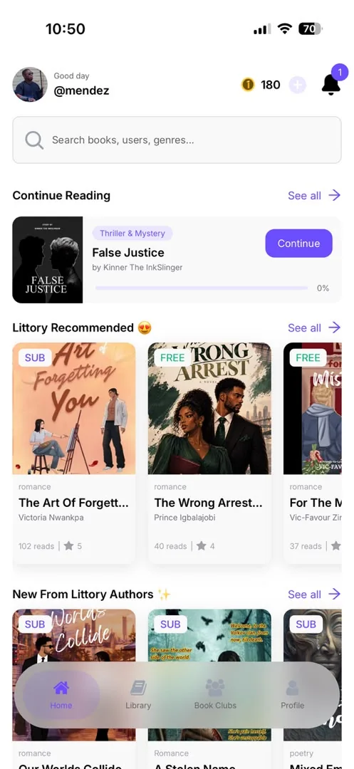 Littory home screen with Continue Reading and recommended books