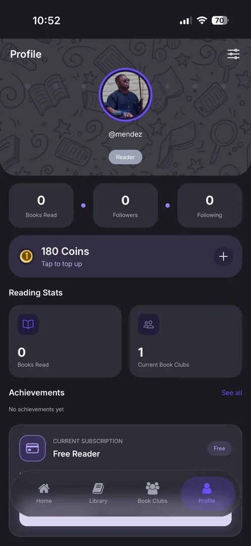 Littory reader profile with a 180-coin wallet, reading stats and subscription