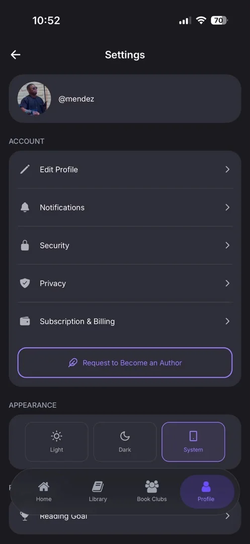 Littory settings: edit profile, notifications, security, privacy, subscription and billing, Request to Become an Author, and Light, Dark or System appearance