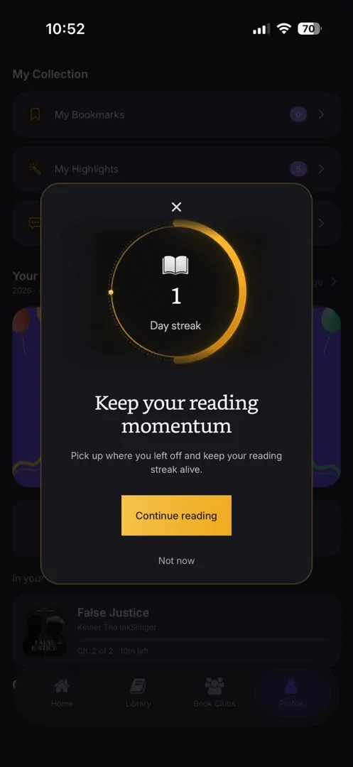 Littory reading streak prompt: keep your reading momentum, with a one-day streak ring