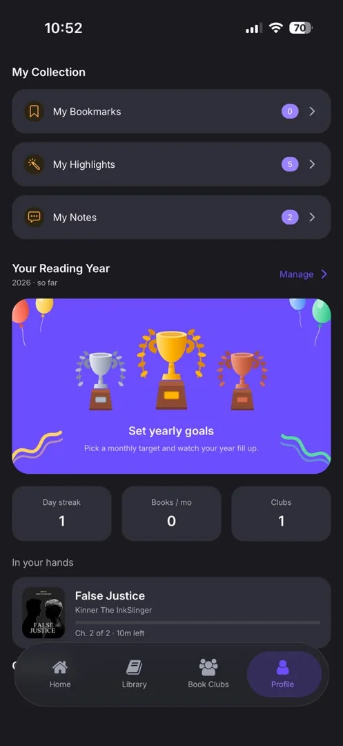 Littory profile with bookmarks, highlights, notes, yearly reading goals and the book in progress