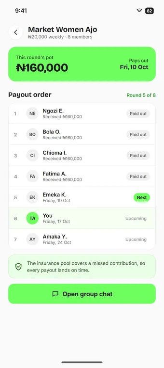 UniPurse savings circle: pot, payout order and insurance cover